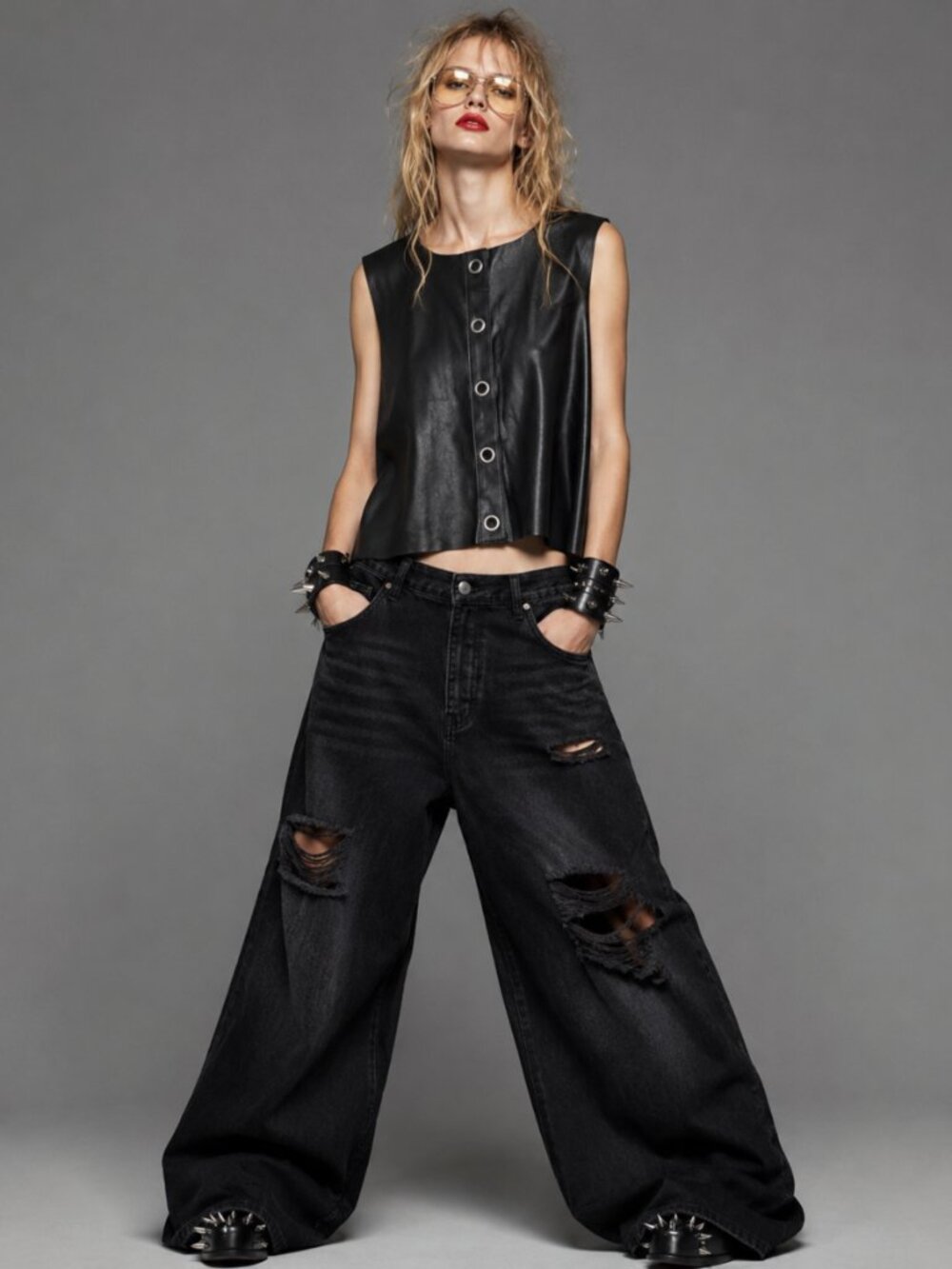 Zara Knit Black Faux Leather & Knit Vest Size L Y2K Grunge